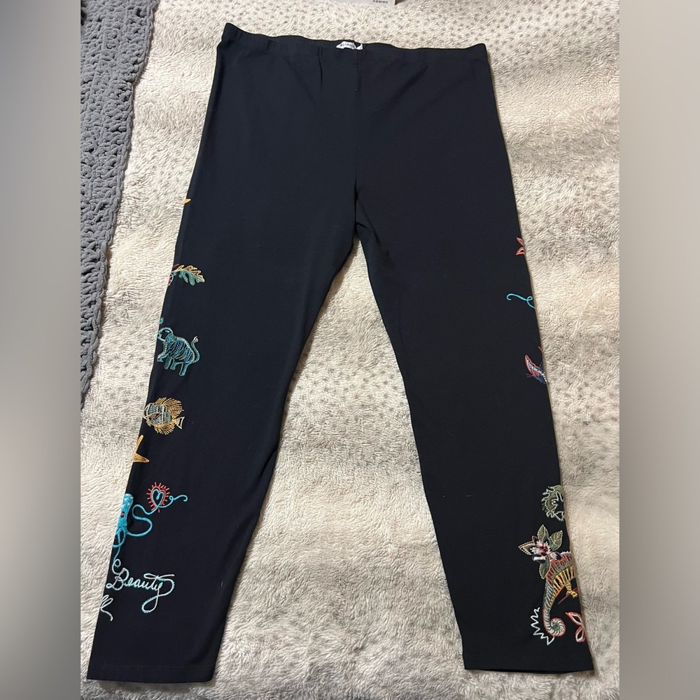 JOHNNY WAS  Zoe Legging Black Embroidered Stretch Cotton Knit Pants XXL NWT